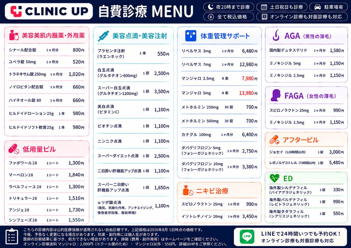 CLINICUP1201's tweet photo. 📢【マンジャロ 新価格のお知らせ】

先日ご案内した価格を見直し、
8月4日からマンジャロを以下の価格で再開いたします✨

(ホームぺージへの反映は8月3日18時頃を予定しております)
━━━━━━━━━━━━━━━━

✅マンジャロ2.5mg：新価格（税込）

《オンライン診療》
◆総額（送料2,000円含む）
1ヶ月分（4本）：9,980円
2ヶ月分（8本）：17,960円

《来院して診療》
1ヶ月分（4本）：7,980円
2ヶ月分（8本）：15,960円

━━━━━━━━━━━━━━━━

✅マンジャロ5mg：新価格（税込）

《オンライン診療》
◆総額（送料2,000円含む）
1ヶ月分（4本）：15,980円
2ヶ月分（8本）：29,960円

《来院して診療》
1ヶ月分（4本）：13,980円
2ヶ月分（8本）：27,960円

━━━━━━━━━━━━━━━━

✅送料：新価格（税込）
　
　2,000円
（クール便での配送になります）

━━━━━━━━━━━━━━━━
【注意事項】
⚠️価格は全て税込価格です
⚠️上記の金額以外に、追加料金はありません
⚠️料金はその都度1回ずつお支払いいただいております。
⚠️定期プラン・サブスク・キャンペーンではありません。
⚠️処方には毎回医師の診察が必須です
━━━━━━━━━━━━━━━━
【マンジャロの品質管理について】
📦 国内正規医薬品卸（一次卸）を通じて仕入れた国内正規品のみを取り扱っています。
❄️ 納品後は2〜8℃で冷蔵保管し、適切な温度管理を徹底しています。
🚚 オンライン診療の場合は、すべてクール便（冷蔵）で発送しています。
🏥 来院して診療の場合は、お渡し直前まで冷蔵庫で保管しています。
📦 マンジャロは箱ごとお届けしていますので、使用期限・ロット番号をご自身でもご確認いただけます。
━━━━━━━━━━━━━━━━
【予約開始】
8月4日～8月6日診療分のご予約は、
8月3日(月)18時頃より受付開始予定です。
━━━━━━━━━━━━━━━━
【自由診療：マンジャロ2.5mg/5mg】
※医師の診察後に処方いたします。※国内正規医薬品卸を通じて仕入れ、2〜8℃で温度管理を徹底しています。※副作用：悪心、嘔吐、下痢、便秘、腹痛、食欲低下、低血糖など。※マンジャロ（チルゼパチド）は2型糖尿病治療薬として承認されています。肥満治療目的での使用は国内未承認です。※自由診療のため公的医療保険は適用されません。※医薬品副作用被害救済制度の対象外となる場合があります。

#CLINICUP #マンジャロ #GLP1 #自由診療
