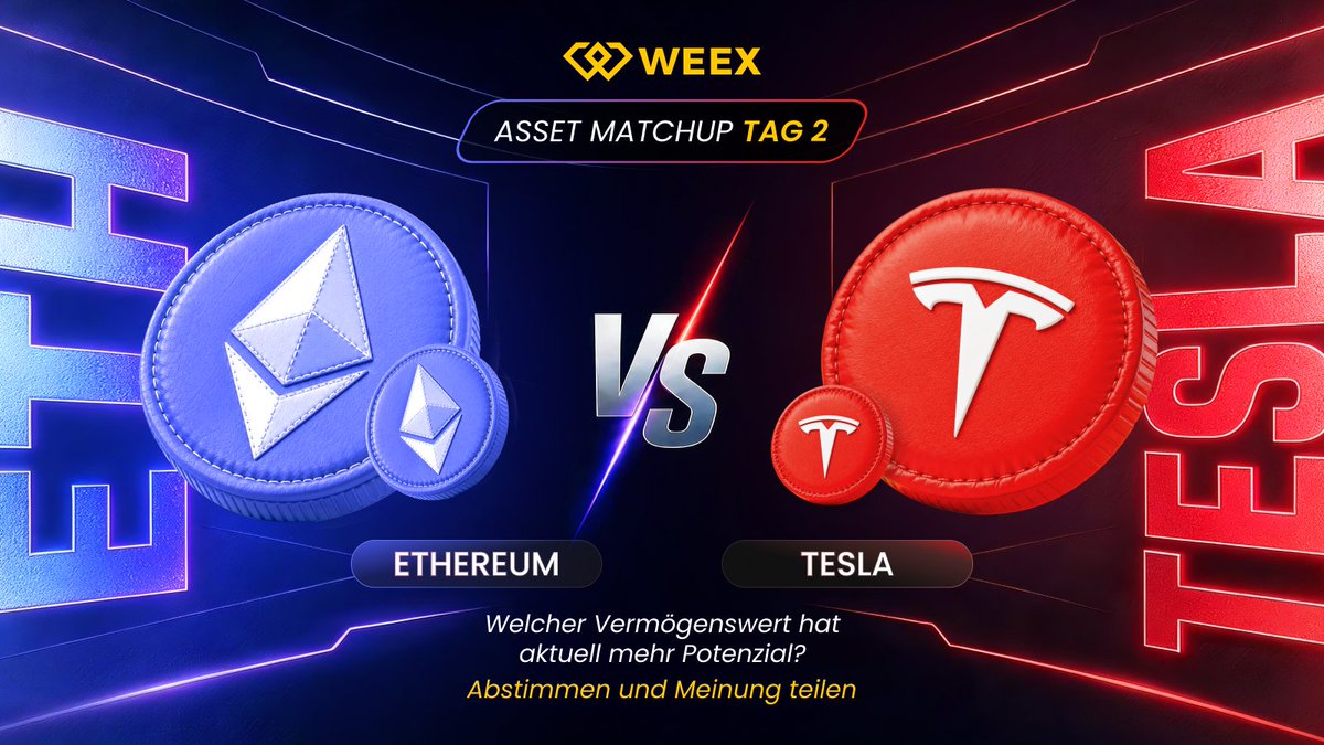 WEEX_Deutsch's tweet photo. 🥊 Asset Matchup | Tag 2
Heute treffen zwei sehr unterschiedliche Wachstumswerte aufeinander:

Ethereum 
Tesla 🚘

Ethereum steht für die Weiterentwicklung der Blockchain-Welt, Tesla für Innovation in Mobilität, Energie und Technologie.
Doch welcher Vermögenswert hat aktuell mehr Potenzial?

🗳️ Stimme in der Umfrage unter diesem Post ab.

💬 Schreib uns zusätzlich in die Kommentare, warum du dich für Ethereum oder Tesla entschieden hast.

Unter allen Kommentaren während der 7-tägigen Challenge verlosen wir insgesamt 200 USD.

Ethereum oder Tesla, wer gewinnt Tag 2 und warum? 👀
