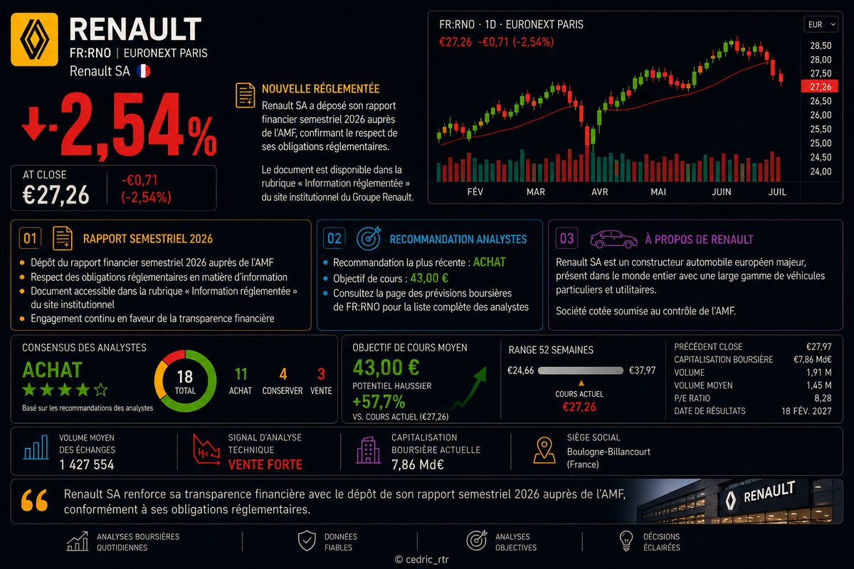 cedric_rtr's tweet photo. 📉 Renault (-2,54 %) : simple formalité ou opportunité ?
Le groupe a publié son rapport financier semestriel 2026 auprès de l'AMF, confirmant sa transparence envers les investisseurs.
Malgré un signal technique Vente forte, le consensus des analystes reste à Achat avec un objectif de 43 €.
📊 Qu'en pensez-vous ? Opportunité ou prudence ?

#RNO #Bourse #Investissement #Actions #Euronext #Finance #Trading #AnalyseBoursière #StockMarket #ValueInvesting