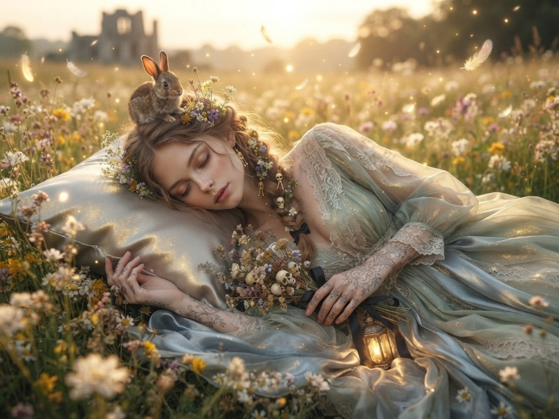 TanithLow245861's tweet photo. She is taking a little nap while a tiny friend comes to visit.๐งก๐ซ
#DreamyVibes #FantasyArt #GoldenHour #RomanticFantasy #FlowerField #Rabbit #AIArt https://t.co/8CDY6aHMME