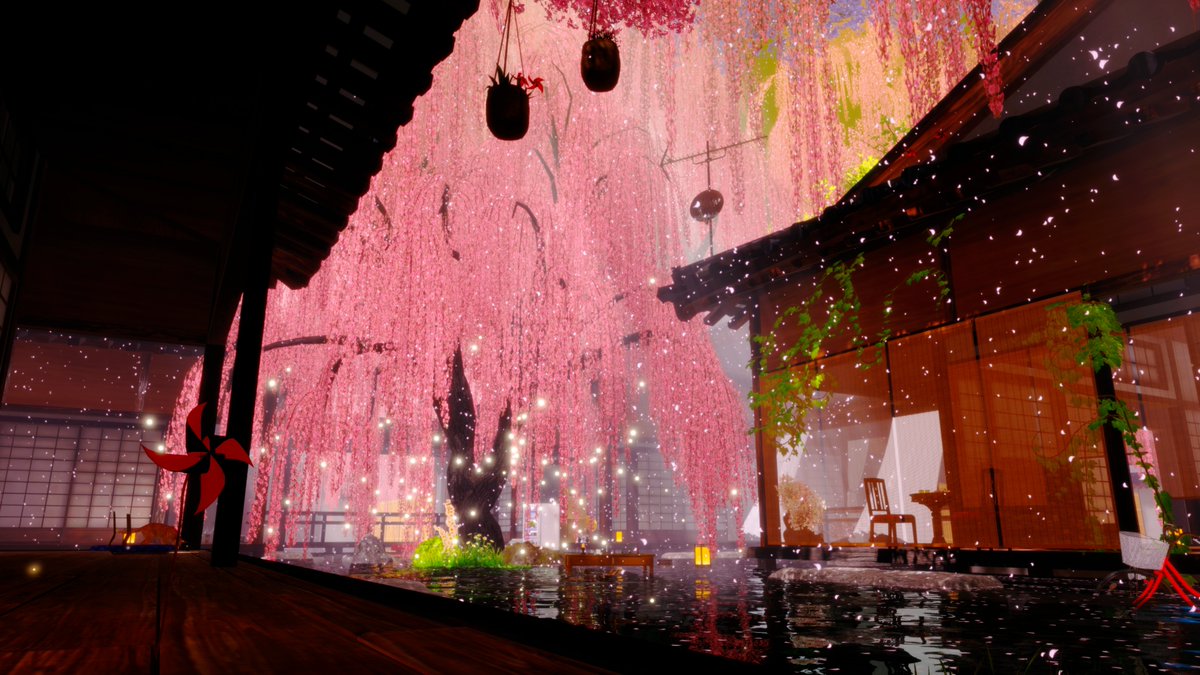 dhk5248's tweet photo. [新ワールド公開] 
『無為の庭』をVRChatで公開しました。
橋を渡ると、季節が変わる日本庭園風ワールドです。

ベッドやVizvidプレイヤーなども置いております。
重いなと思ったら入り口左手にSettingボードがあるのでディレクショナルライトをOFFにしていただければと思います。 https://t.co/wy1ZOHBHFK