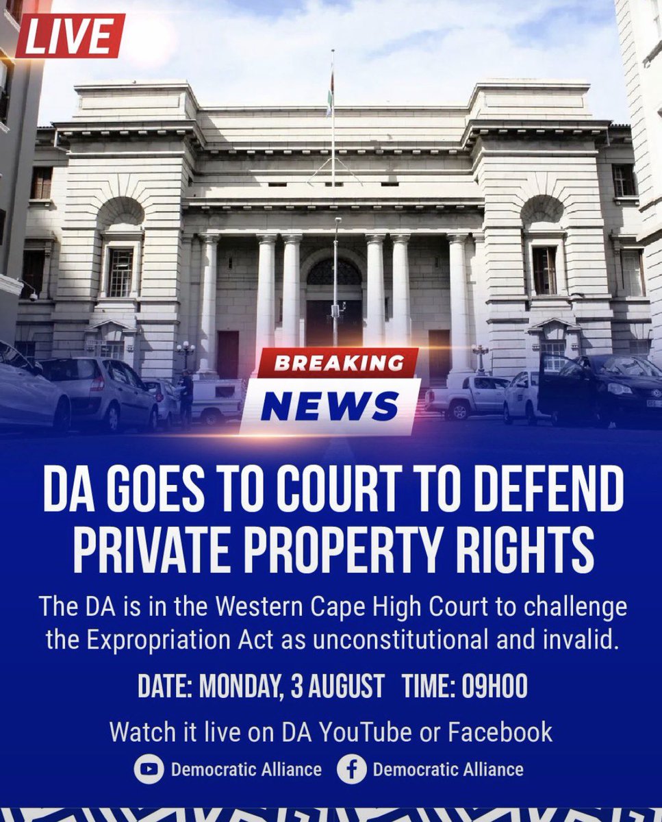 chrisw_co_za's tweet photo. Tomorrow the DA will be in the Western Cape High Court to challenge the Expropriation Act as unconstitutional and invalid.
Private property rights are the cornerstone of freedom and economic growth and must be protected
🔵🇿🇦 https://t.co/4qXZCOvWyU
