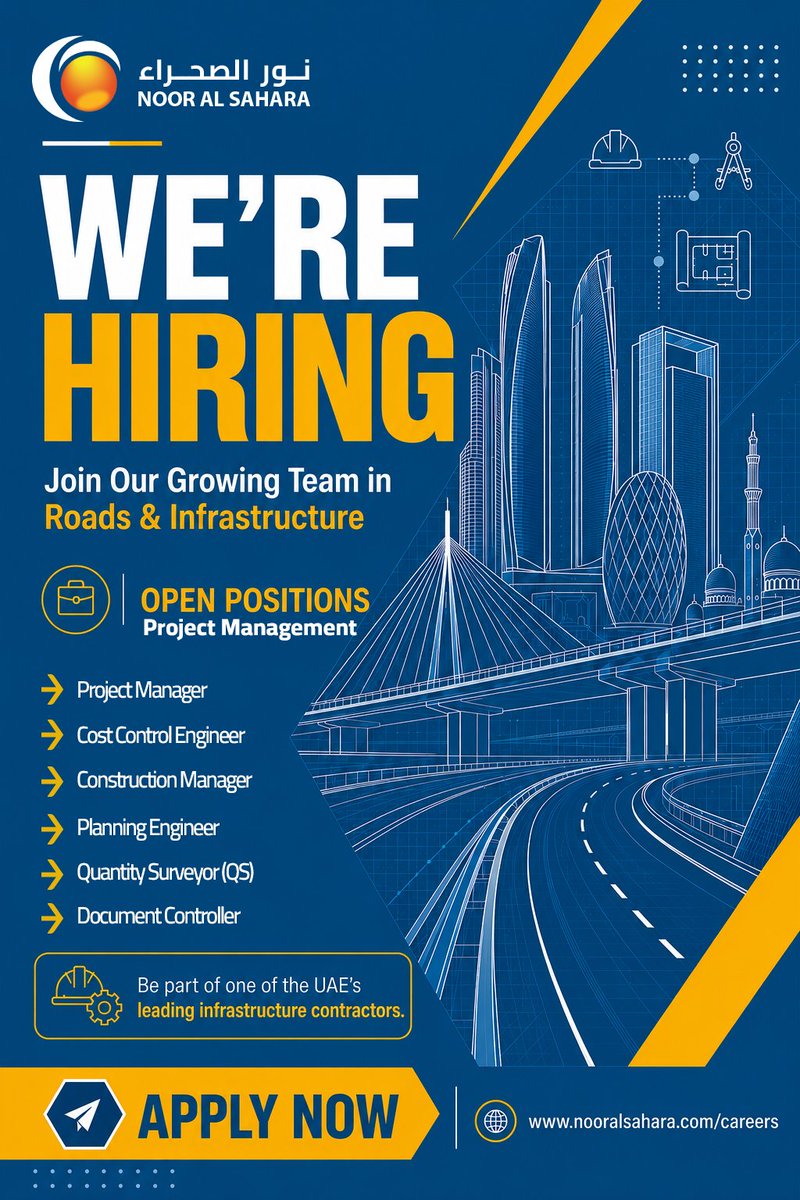 NoorContracting's tweet photo. WE'RE HIRING! | PROJECT MANAGEMENT TEAM 🚨
NAS is expanding and we're looking for talented professionals to join our growing team for URGENT openings across our Project Management function.
https://t.co/IZAxfCEgkq
Send your CV ASAP to:
📩 career@nasgc.ae
#career #UAE #roads https://t.co/O5usZPONZc