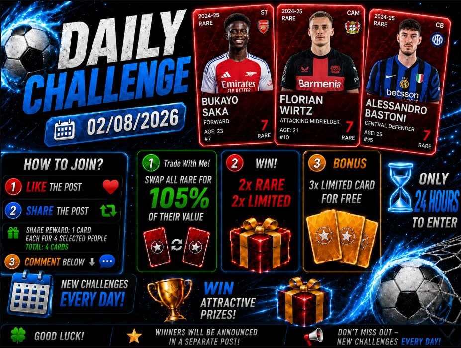 PawelTrader_'s tweet photo. 🚨 DAILY 24h CHALLENGE IS LIVE! 🚨
📅 02/08/2026 ⚽
❤️ Like
🔄 Repost
💬 Comment

🎁 4 reposting users win 1 card each
🔝 Trade RARE cards with me for 105% value
🏆 MAIN PRIZE
🔴 2× RARE
🟡 2× LIMITED
⭐ BONUS
🟡 3× LIMITED Cards FREE

⏳ 24h only! 🍀
#Sorare #SorareFootball #SorareCommunity #FantasyFootball #FootballGiveaway #Giveaway #FootballCards #LimitedCards #RareCards #FootballChallenge #DailyChallenge #FootballFans #SoccerCards #TradingCards #WinCards #FootballGaming