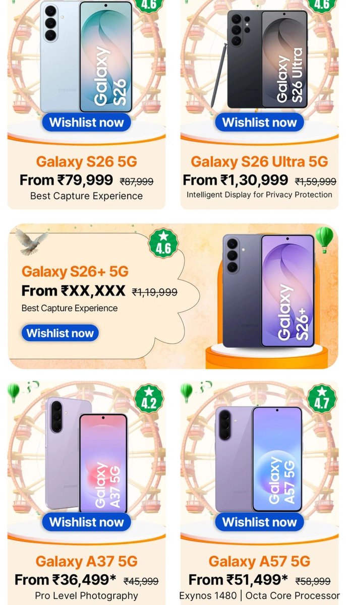 gadgetlistings's tweet photo. Samsung & REDMI Flipkart Freedom Sale Prices Revealed

Samsung:
• Galaxy S25: ₹59,999
• Galaxy S25 FE: ₹49,999
• Galaxy A36 5G: ₹26,999
• Galaxy F70e 5G: ₹13,999
• Galaxy S26 5G: ₹79,999
• Galaxy S26 Ultra 5G: ₹1,30,999
• Galaxy Z Fold8: ₹1,70,999
• Galaxy A37 5G: ₹36,499
• Galaxy A57 5G: ₹51,499

REDMI:
• REDMI Note 15 SE: ₹21,999
• REDMI A7 Pro: ₹13,499
• REDMI A7: ₹12,499
• REDMI Note 14 Pro+ 5G: ₹28,999
• REDMI 15A: ₹15,999