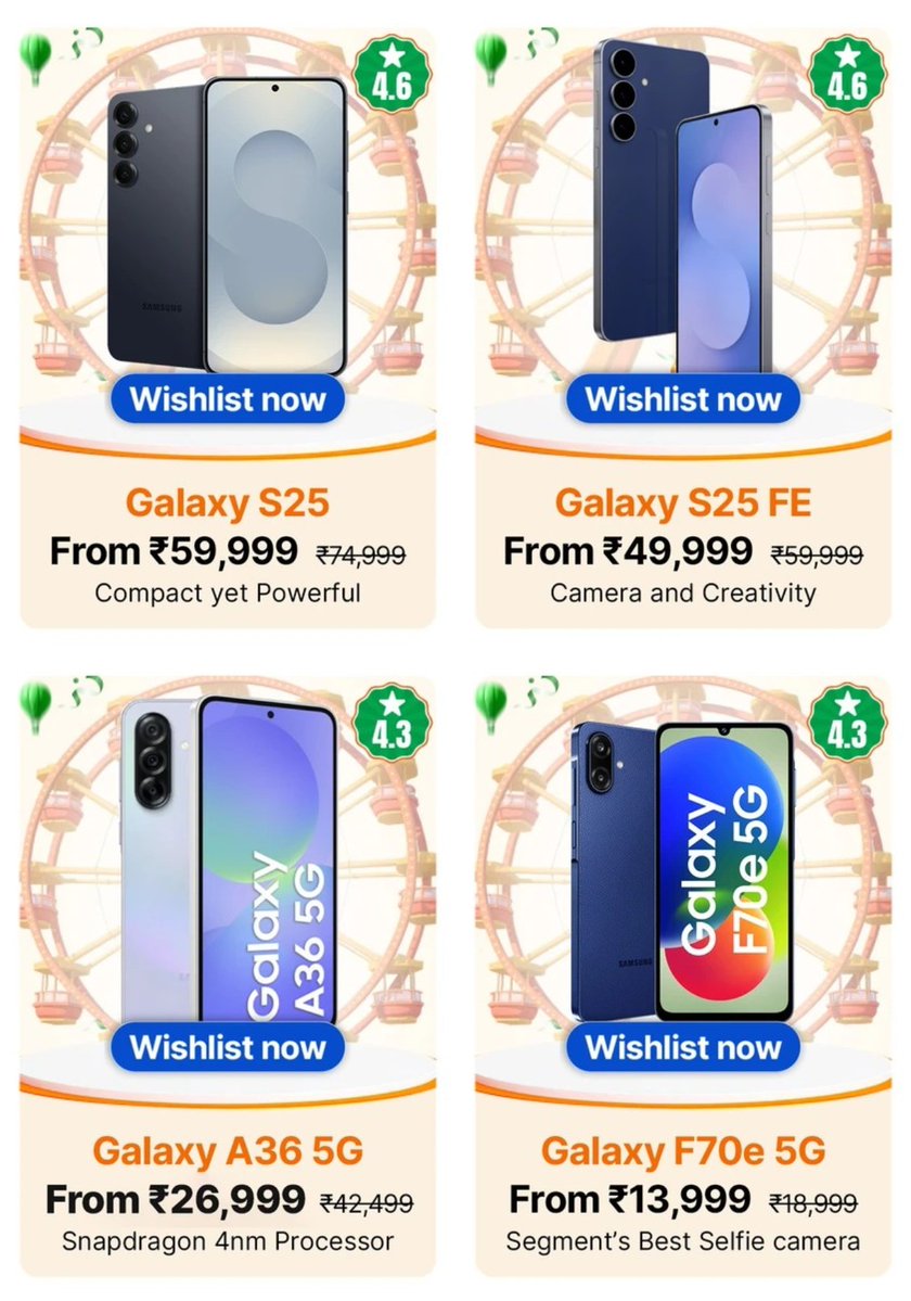 gadgetlistings's tweet photo. Samsung & REDMI Flipkart Freedom Sale Prices Revealed

Samsung:
• Galaxy S25: ₹59,999
• Galaxy S25 FE: ₹49,999
• Galaxy A36 5G: ₹26,999
• Galaxy F70e 5G: ₹13,999
• Galaxy S26 5G: ₹79,999
• Galaxy S26 Ultra 5G: ₹1,30,999
• Galaxy Z Fold8: ₹1,70,999
• Galaxy A37 5G: ₹36,499
• Galaxy A57 5G: ₹51,499

REDMI:
• REDMI Note 15 SE: ₹21,999
• REDMI A7 Pro: ₹13,499
• REDMI A7: ₹12,499
• REDMI Note 14 Pro+ 5G: ₹28,999
• REDMI 15A: ₹15,999