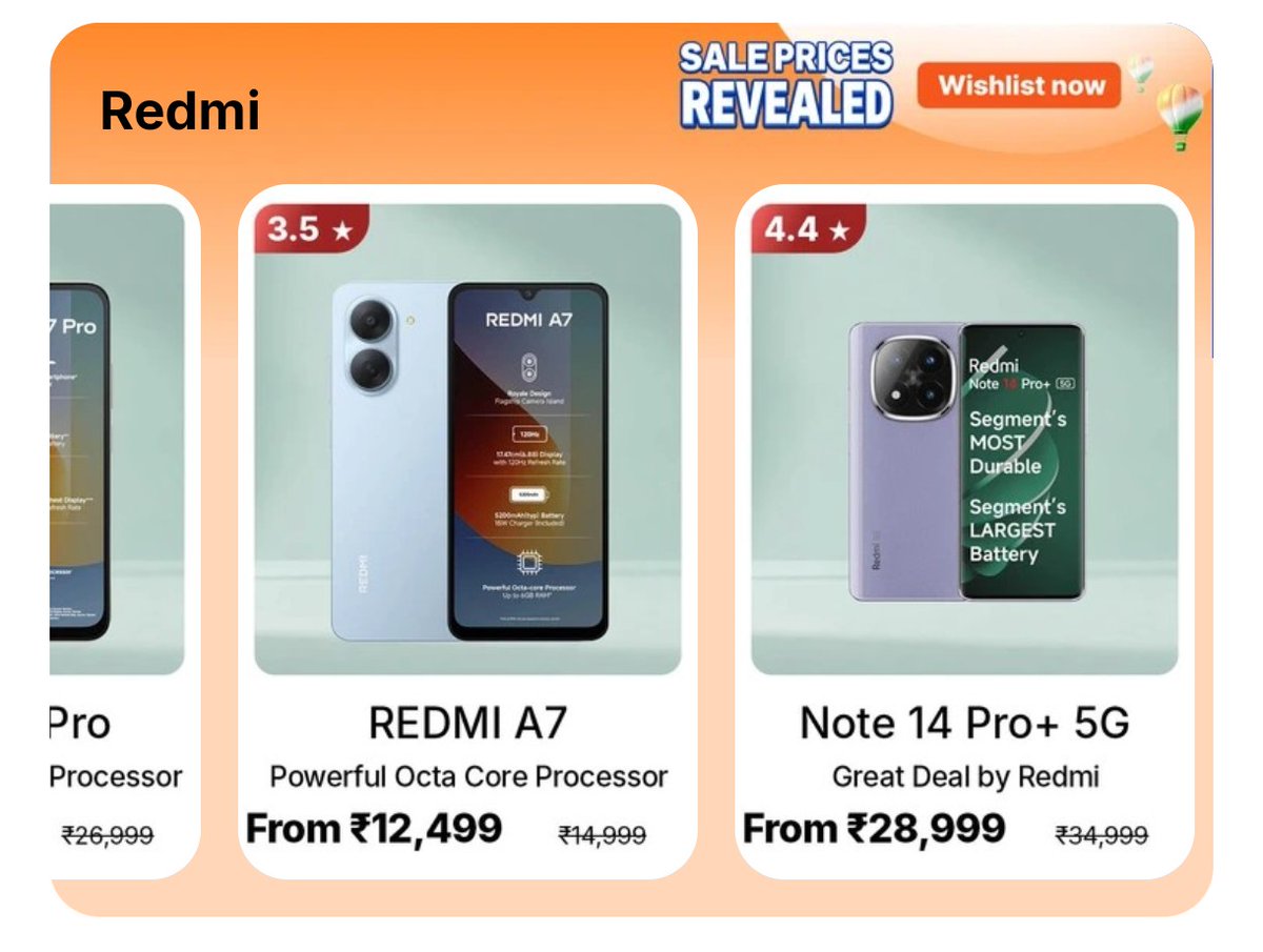 gadgetlistings's tweet photo. Samsung & REDMI Flipkart Freedom Sale Prices Revealed

Samsung:
• Galaxy S25: ₹59,999
• Galaxy S25 FE: ₹49,999
• Galaxy A36 5G: ₹26,999
• Galaxy F70e 5G: ₹13,999
• Galaxy S26 5G: ₹79,999
• Galaxy S26 Ultra 5G: ₹1,30,999
• Galaxy Z Fold8: ₹1,70,999
• Galaxy A37 5G: ₹36,499
• Galaxy A57 5G: ₹51,499

REDMI:
• REDMI Note 15 SE: ₹21,999
• REDMI A7 Pro: ₹13,499
• REDMI A7: ₹12,499
• REDMI Note 14 Pro+ 5G: ₹28,999
• REDMI 15A: ₹15,999