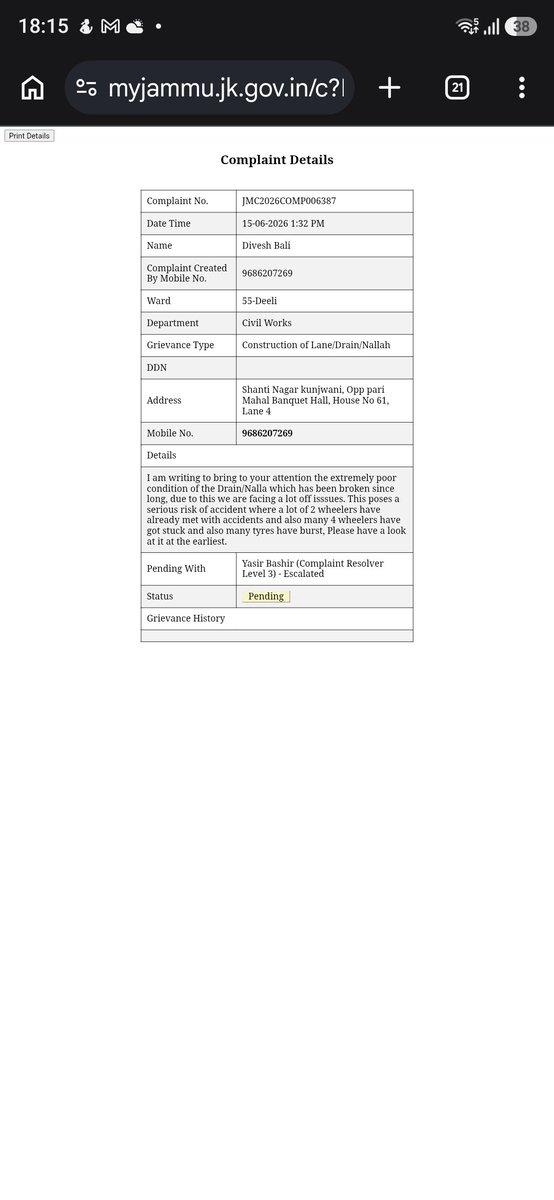 DiveshBali's tweet photo. @jmcjammu @Devansh_IAS  Dear sir, I have registered a complaint  "JMC2026COMP006387" dated 15th June 2026 and also sent multiple Emails regarding the same, however there is no resolution  yet, request your urgent attention on this. https://t.co/eICvNQAciJ