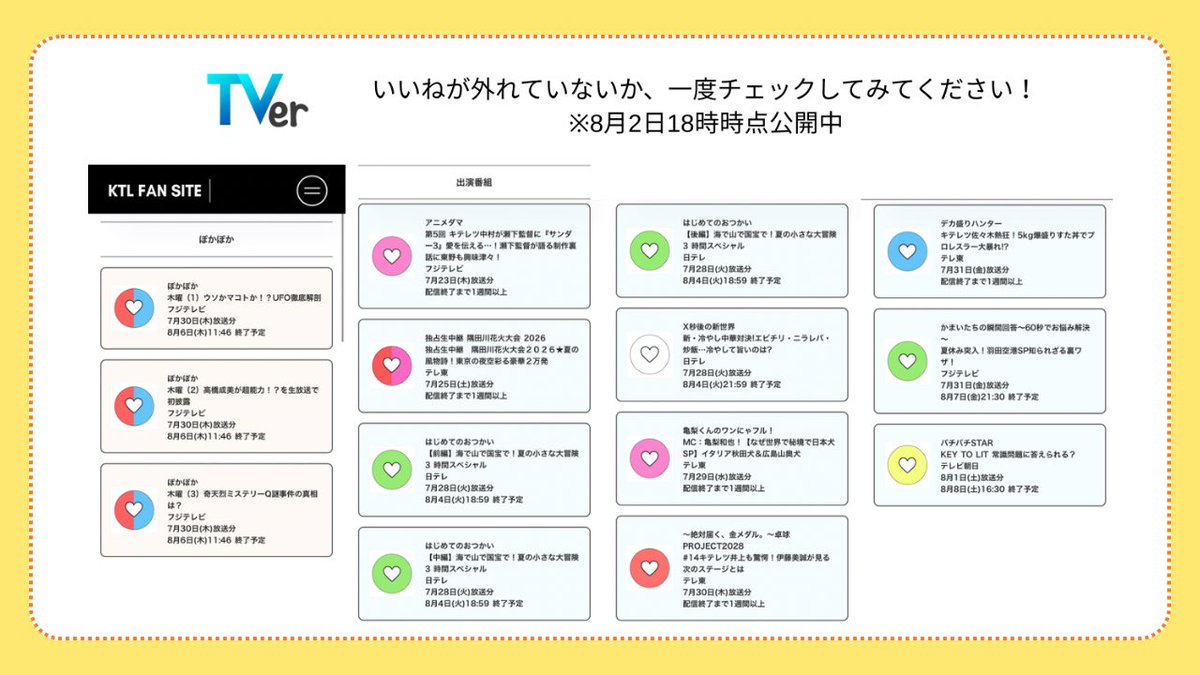 KTLFANSITE26's tweet photo. ⚠️TVerに障害が出ていた影響か、いいねの数がリセットされたかのような数字になっています。
【例】バチバチSTAR 407

他出演番組も同様にかなりの数が減少。
エラーなのかもしれませんが、一度いいねが外れていないかチェックお願いします🙏
TVerまとめ ▶️ https://t.co/OCLgavw5Do
#KEYTOLIT https://t.co/r78tH8b20T