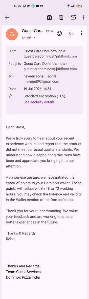 Naveenrats06's tweet photo. Domino's has cheated me; despite communicating via email, I still haven't received a refund, and they are no longer responding to my emails. @dominos @dominos_india https://t.co/yKzh2Tm6Yy