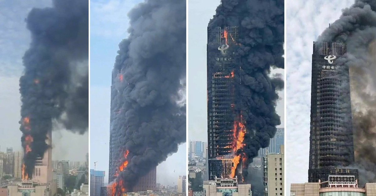 911Revisionist's tweet photo. Another building that was completely engulfed in flames for two hours, and 99% of the building was burned, yet the steel frame withstood the heat and did not fail. 
That's why architects and engineers use steel to build skyscrapers.
China Telcom Building in Changsha, China 2022