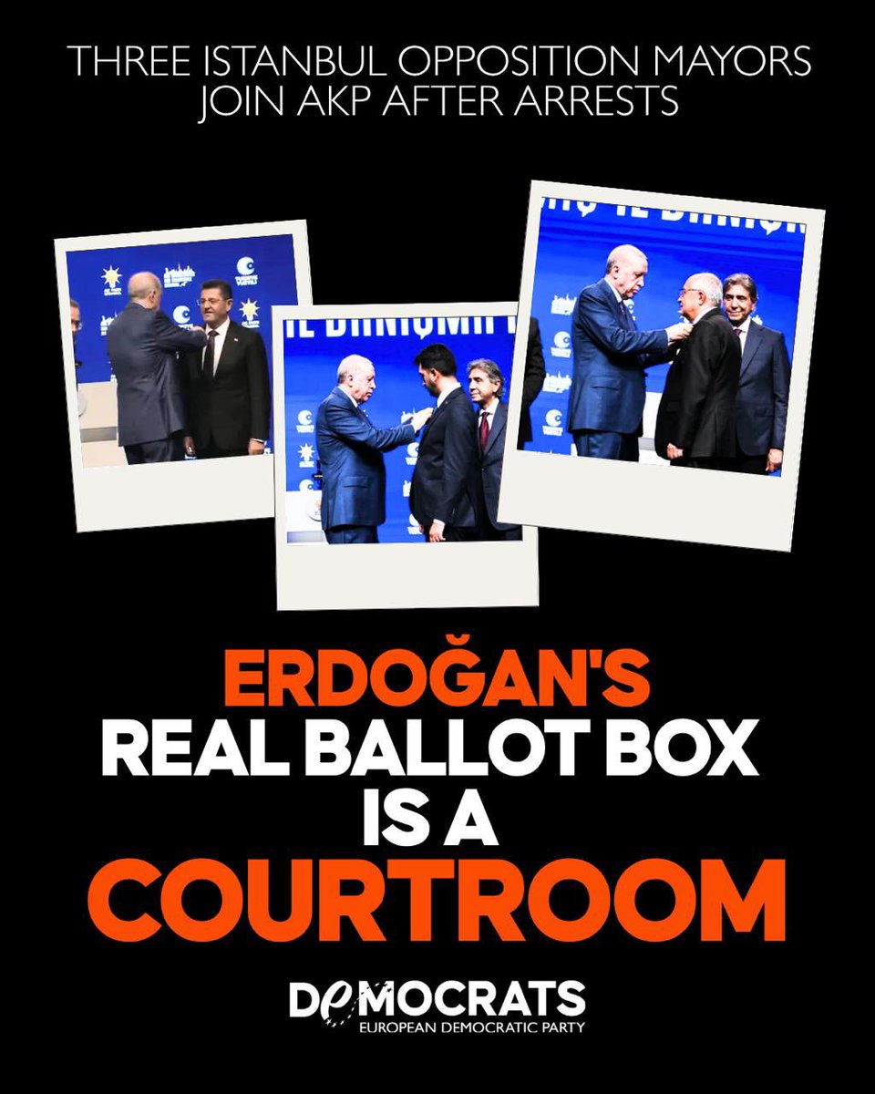 democrats_eu's tweet photo. 🇹🇷 #Istanbul has lost its opposition majority. The municipalities of Tuzla, Çekmeköy and Şile have shifted to the AKP, with #Erdoğan personally welcoming their mayors. The circumstances are troubling: 29 opposition mayors remain detained, dozens have been removed from office and 16 have changed sides since the 2024 elections. The message is clear: remain in opposition and face prosecution, or defect and retain office. When prosecutors, not voters, decide who governs, democracy is no longer free.