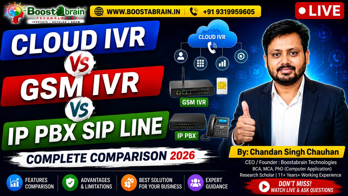 boostabrain's tweet photo. 🚨 Business Owners & Call Center Professionals!
Cloud IVR, GSM IVR या IP PBX SIP Line? गलत चुनाव आपको हजारों रुपये का नुकसान करा सकता है।
आज LIVE में जानिए सही Solution! 👇
🎥 https://t.co/KJuEm1MFAy
#CloudIVR #IPPBX #GSMIVR #SIPLine #VoIP #Business #Startup #Tech #Telecom #Live https://t.co/lHKlDA7iq8