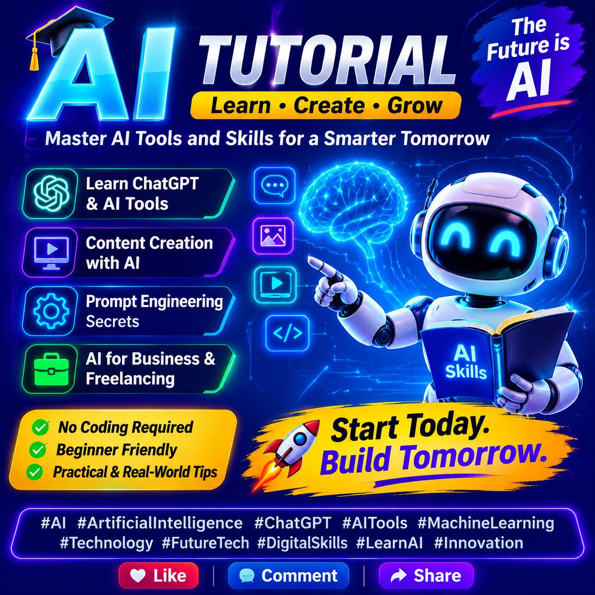 alifacoder's tweet photo. 🚀 Master AI Skills Today!
Learn AI Tools, ChatGPT &amp; Smart Digital Skills.
Build Your Future with AI 🤖✨
#AI #ChatGPT #AITools #FutureTech #LearnAI
👍 Like
💬 Comment "Ai"
🔄 Share (@coderalamin https://t.co/O5T4QIYNnp