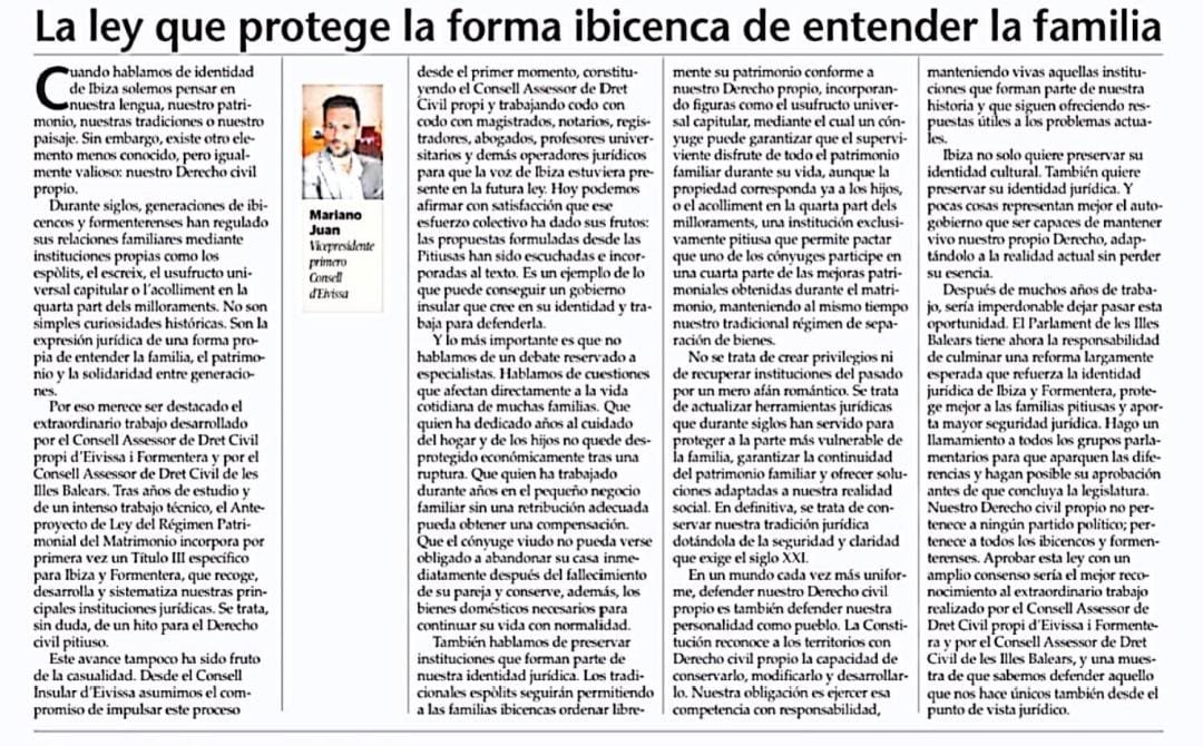 MJC_Ibz's tweet photo. Os comparto mi artículo de hoy sobre el importante paso dado en nuestra legislación civil foral. 

La ley que protege la forma ibicenca de entender la familia
 https://t.co/1UKMpvEWK2 https://t.co/thnSU5l0ol
