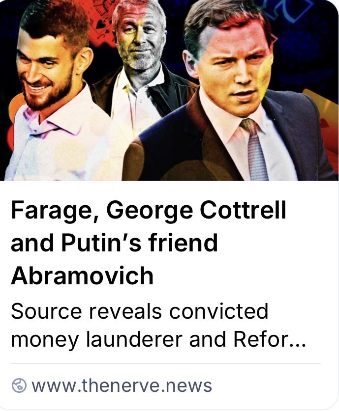 carolecadwalla's tweet photo. NEW: The Abramovich connection. How convicted money launderer George Cottrell - &amp; close aide to Nigel Farage - ‘signed documents’ for one of Putin’s closest allies.

My latest for @thenerve_news 
1/ https://t.co/deoPxwPfYI