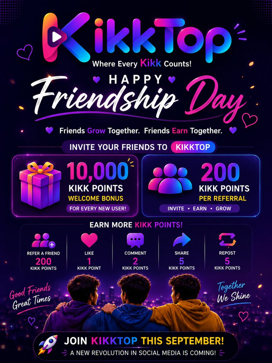 MounikaMahesh11's tweet photo. Friendship is Better Together. Rewards are Bigger Together!
Invite your friends to KikkTop and start earning together.
10,000 Kikk Points Welcome Bonus
200 Kikk Points for every referral
This September Let's Grow Together on KikkTop!
Where Every Kikk Counts! 💜
#KikkTop https://t.co/n5ZICX9XSu