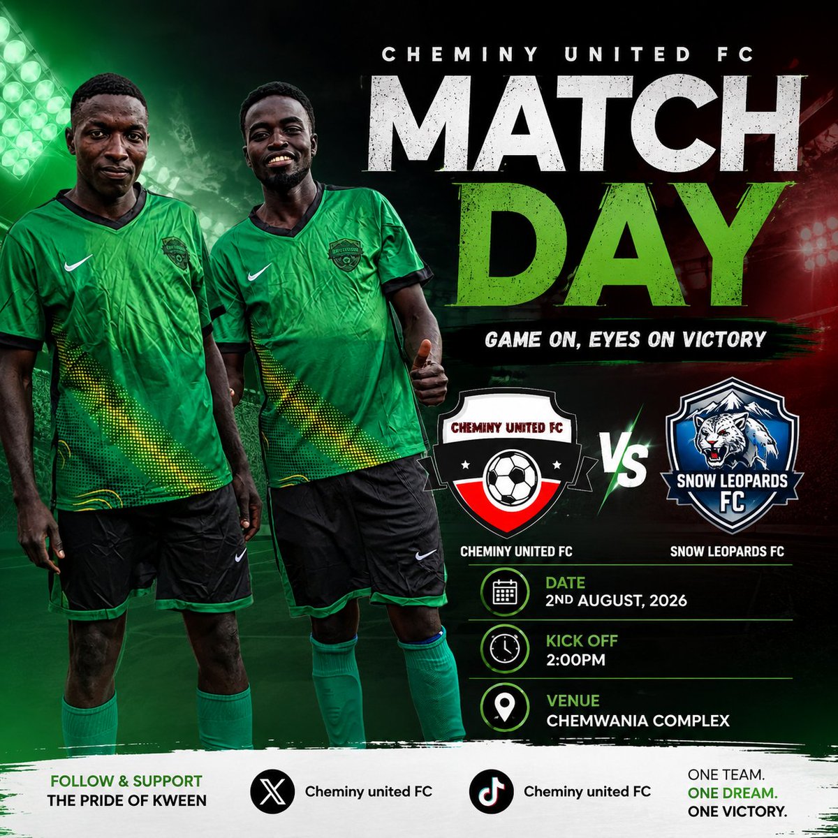 CheminyUtdFC's tweet photo. 🔥 MATCH DAY! 🔥

The wait is over. We’re ready to battle! 💚⚽
Cheminy United FC 🆚 Snow Leopards FC
📍 Chemwania Complex | 🕑 2:00 PM

Game on. Eyes on victory. 🏆💚

#CheminyUnitedFC #MatchDay #GameOn #EyesOnVictory #sebeifootball #kween #wearecheminy https://t.co/xaJYIoZwmy