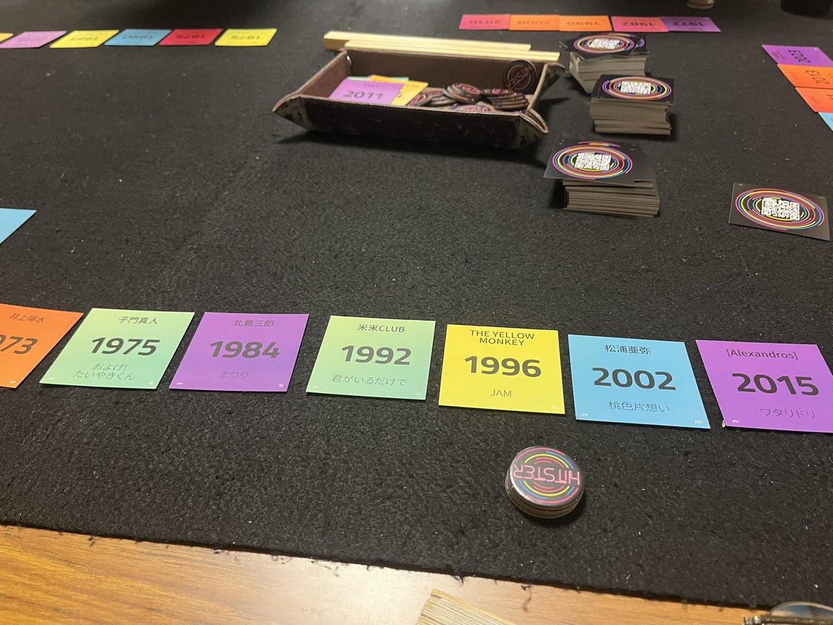 iida_game's tweet photo. 定例会で遊んだゲーム
「ヒットスター」
カードを選ぶと曲が再生されるのでその曲を年代順に並べて１０枚ならべると勝ち
音楽には疎いがそんな僕でも楽しめた
派生ゲームもあるらしいが僕はこのくらい広い範囲の曲がある方がいいな
面白かった！

#ボードゲーム
 #飯田市 
#RPG博物館 https://t.co/7lwBkPhWrM