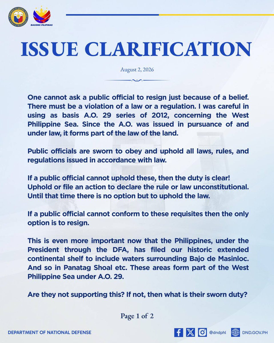 dndphl's tweet photo. ISSUE CLARIFICATION| On headlines, reports, and posts misconstruing #DNDPHL Sec. Gilberto Teodoro’s statement, where he stressed that the government’s position on the West Philippine Sea, institutionalized through an administrative order, has become a part of the laws of the land https://t.co/VexrcHaZjK