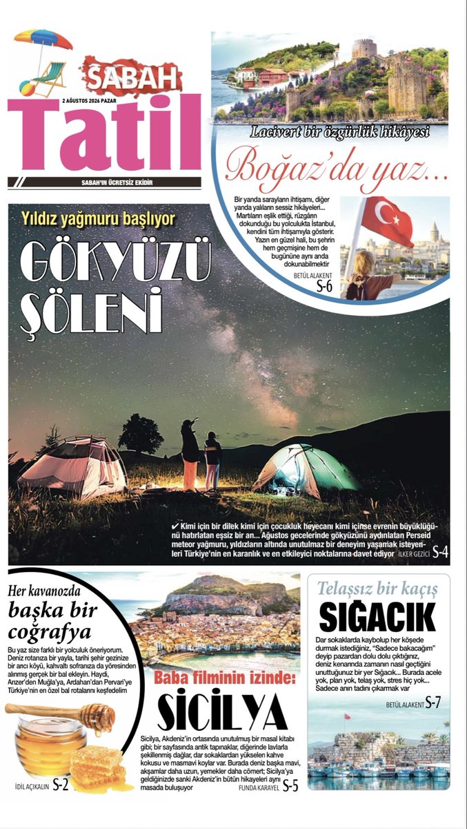 BetulAlakent's tweet photo. Gökyüzü şöleninden bal gibi rotalara, baba filminin izinde Sicilya’dan tatilini İstanbul’da geçirenler için Boğaz’ın o eşsiz duraklarına… 

@sabahtatil yine güçlü yazar kadrosu ve dolu dolu içeriğiyle raflarda… 📰💫 

@gez1c1 @FkarayeL 

https://t.co/gX1QNvMXyG https://t.co/SR4tiGn4Xk