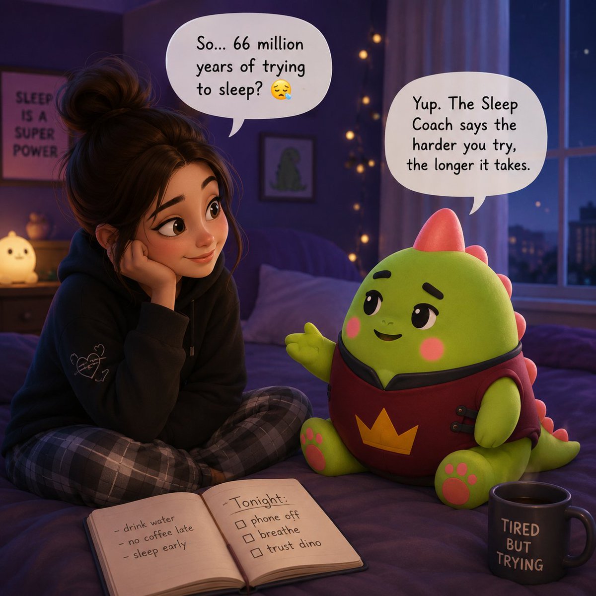 ShazeemiS's tweet photo. everyone says "just sleep bro"

cool

explain that to a dinosaur who's been trying for 66 million years 😭

that's kinda why @sleepagotchi  clicks for me

most sleep apps think the problem is missing data

it's not

we already know we're supposed to sleep earlier

we just somehow end up watching "one last video" at 2:17am like absolute clowns

Sleepagotchi doesn't try to guilt trip you with another chart

it makes showing up tomorrow feel worth it

turns out fixing habits is way harder than tracking them

Dino finally found out the harder you force sleep the further it runs

ngl... that's the most relatable thing i've read all week