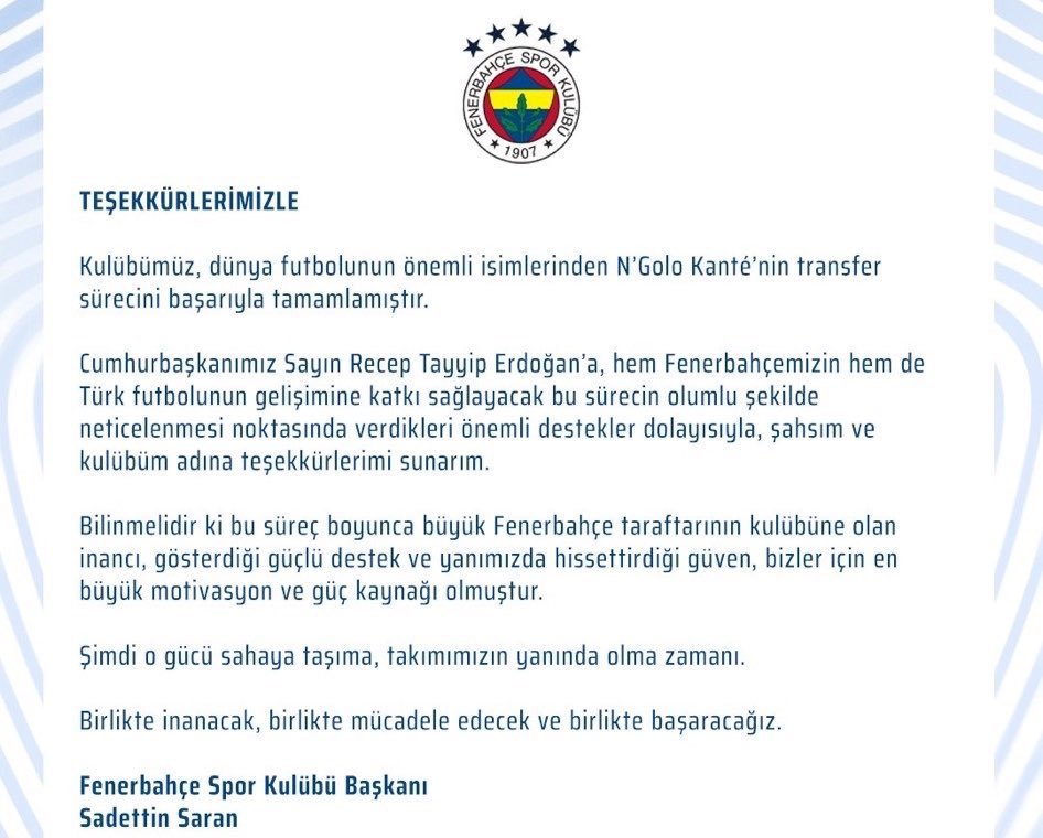 samedinho2688's tweet photo. resmi hesabından başkan Recep Tayyip Erdoğan'a Kante için teşekkür mesajı yayınladı kulübün amk aveli https://t.co/jYniHNHErY