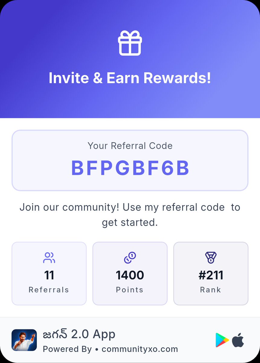 Chinnaredd19983's tweet photo. 🎁 జగన్ 2.0 App లో నాతో చేరం���ి!

🔑 కోడ్: BFPGBF6B

✨ సైన్ అప్ చేయండి, మనం ఇద్దరం రివార్డ్స్ అందుకుందాం!

🔗 https://t.co/lGL9Ubcu0W

Shared via Jagan 2.0 https://t.co/UmxoeoKnns