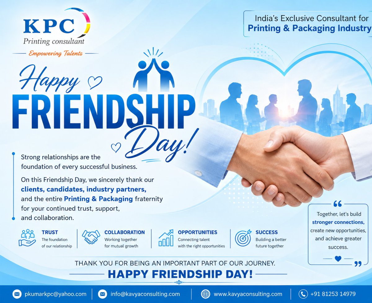 pkumarkpc's tweet photo. 🤝 Happy Friendship Day! 💙

Kavya Print Consulting (KPC)
Empowering Talents
India's Exclusive Consultant for the Printing &amp; Packaging Industry
@highlight #kpc #kavyaprintconsulting #printingindustry #packagingindustry #consulting https://t.co/JhSFXwL5Rk