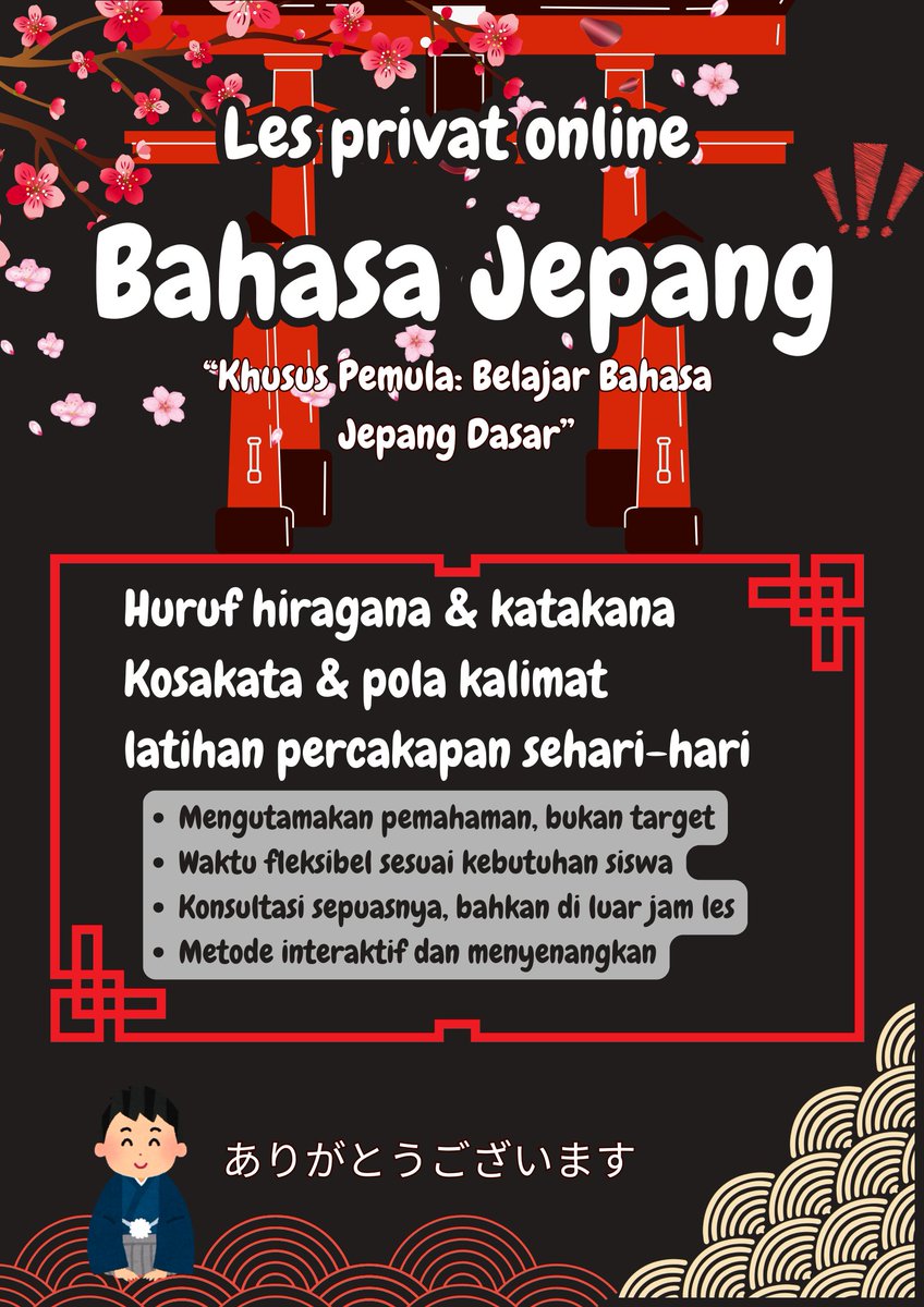 SantaiBulan's tweet photo. HAIII GUYSSSS AKU BUKA LES PRIVAT BAHASA JEPANG NIH BUAT PEMULA, BISA BANGET JUGA KALO MAU BARENGAN SAMA TEMEN NYA DALAM 1 SESI LES..

JADI DM AKU YAAA BUAT DETAIL NYAAA AKU TUNGGU 🤩🤩🤩 https://t.co/z4sU4qK8A6