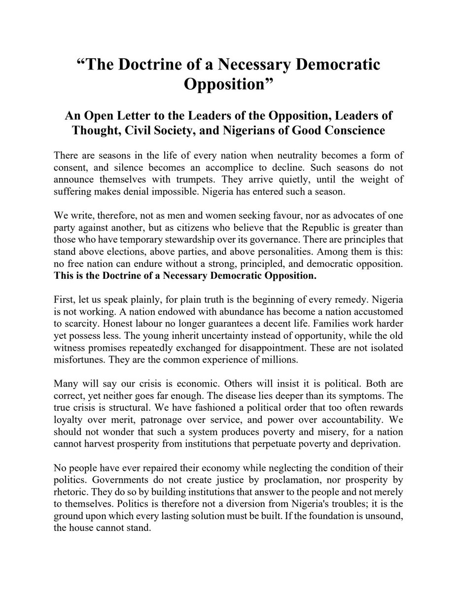 KafinHausaa's tweet photo. BREAKING: Opposition leaders have unveiled the Doctrine of a Necessary Democratic Opposition, calling for a National Council of Opposition Leaders to be convened within the next two weeks to reaffirm the Ibadan Declaration and begin the process of adopting a single presidential candidate for the 2027 election.

The document urges political leaders to put Nigeria above personal ambition, stressing that "a united failure cannot be defeated by a divided alternative."