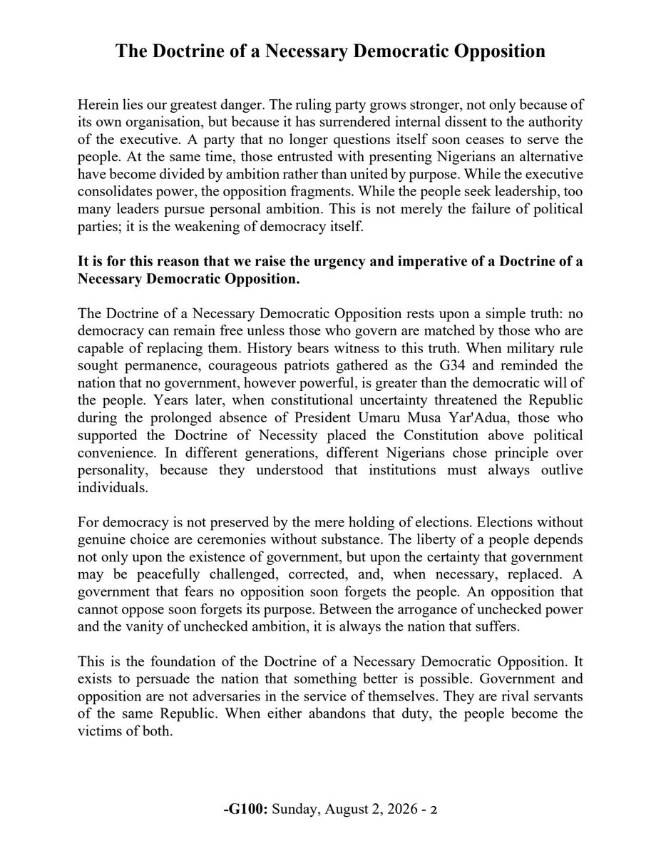 KafinHausaa's tweet photo. BREAKING: Opposition leaders have unveiled the Doctrine of a Necessary Democratic Opposition, calling for a National Council of Opposition Leaders to be convened within the next two weeks to reaffirm the Ibadan Declaration and begin the process of adopting a single presidential candidate for the 2027 election.

The document urges political leaders to put Nigeria above personal ambition, stressing that "a united failure cannot be defeated by a divided alternative."
