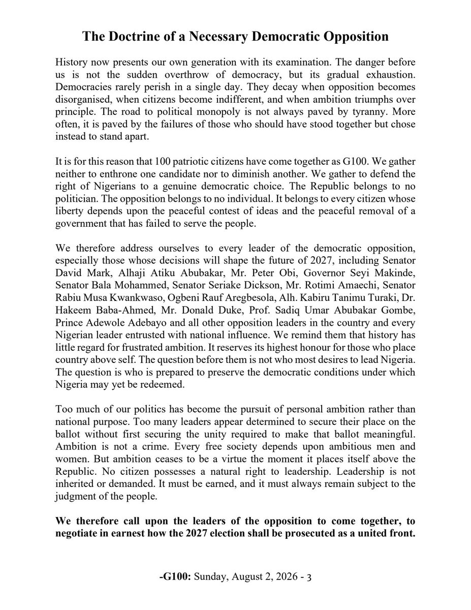 KafinHausaa's tweet photo. BREAKING: Opposition leaders have unveiled the Doctrine of a Necessary Democratic Opposition, calling for a National Council of Opposition Leaders to be convened within the next two weeks to reaffirm the Ibadan Declaration and begin the process of adopting a single presidential candidate for the 2027 election.

The document urges political leaders to put Nigeria above personal ambition, stressing that "a united failure cannot be defeated by a divided alternative."