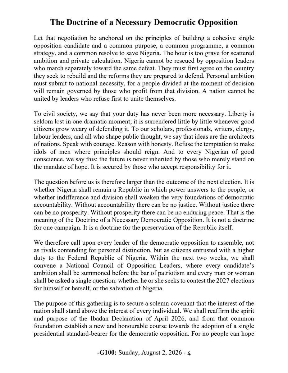 KafinHausaa's tweet photo. BREAKING: Opposition leaders have unveiled the Doctrine of a Necessary Democratic Opposition, calling for a National Council of Opposition Leaders to be convened within the next two weeks to reaffirm the Ibadan Declaration and begin the process of adopting a single presidential candidate for the 2027 election.

The document urges political leaders to put Nigeria above personal ambition, stressing that "a united failure cannot be defeated by a divided alternative."