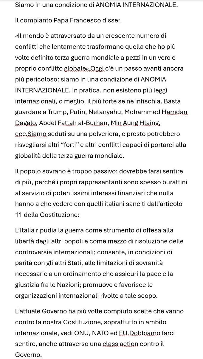 NTizy66's tweet photo. Siamo in una condizione di ANOMIA INTERNAZIONALE.
Il compianto Papa Francesco disse:
«Il mondo è attraversato da un crescente numero di conflitti che lentamente trasformano quella che ho più volte definito terza guerra mondiale a pezzi in un vero e proprio conflitto globale». https://t.co/edp6srGwX1