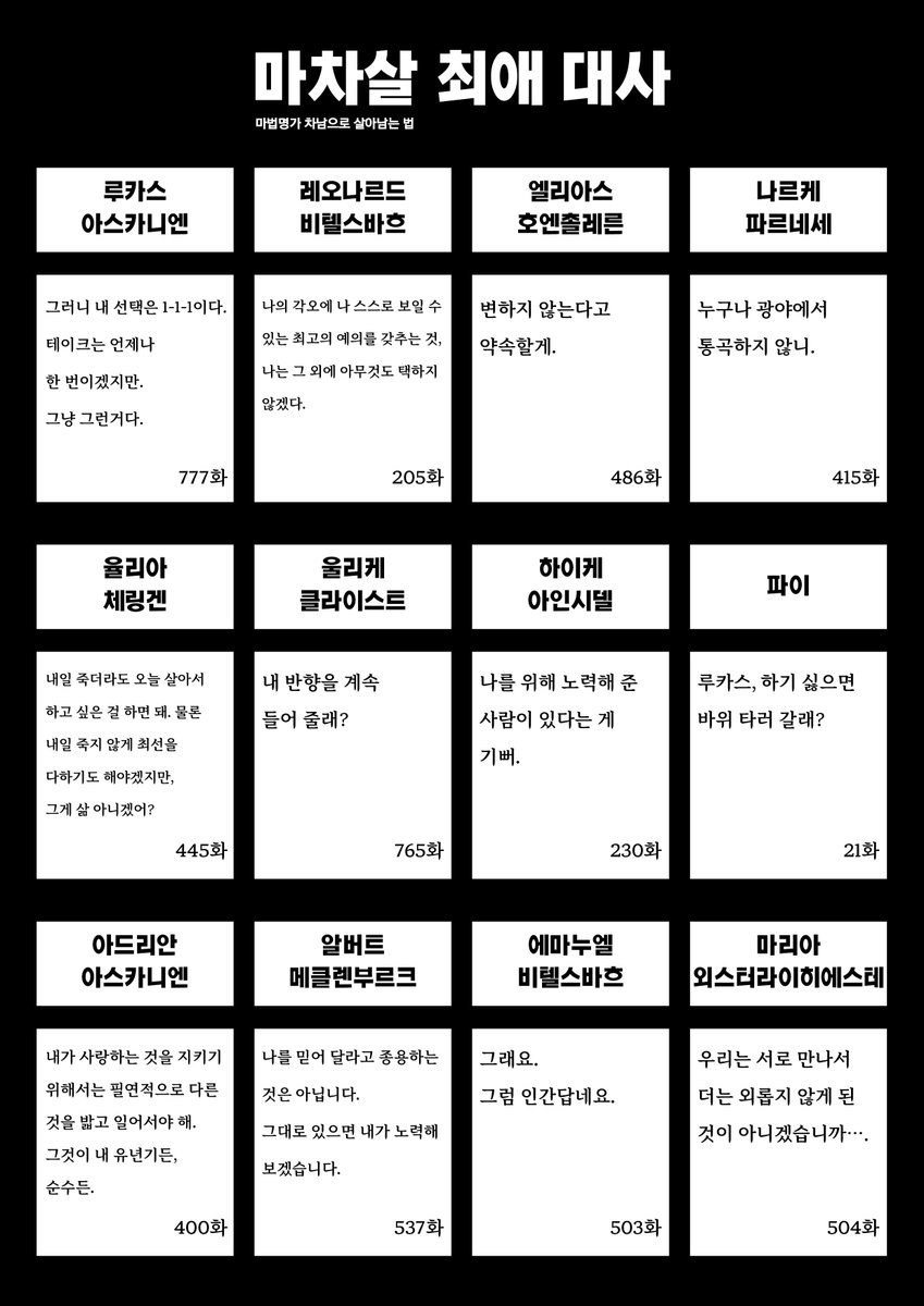 kalanchoe_mcs's tweet photo. #마차살

마차살 최애 대사표 배포합니다!

사진 2장은 샘플로 제 최애 대사들로 채워봤어요!

https://t.co/MLHelzGlwK https://t.co/1APlIWgsau