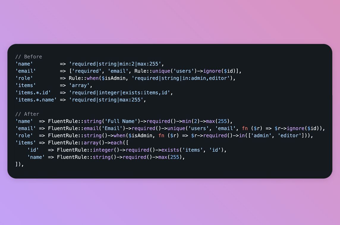 MadeWithLaravel's tweet photo. Laravel Fluent Validation by @sander_scode provides typed validation rule builders for Laravel with IDE autocompletion 🧑‍💻 - https://t.co/8b1tThbR4l https://t.co/pmn0cgzR5p