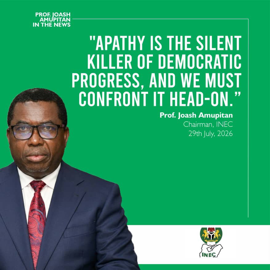 inecnigeria's tweet photo. #OsunDecides2026
The greatest threat to democracy is not just violence; it is voter apathy.

INEC will secure the process. 
Political parties and civil society should mobilise citizens to participate.

Your vote is your voice.

Prof. Joash Amupitan, SAN https://t.co/KmB6OzYkDn