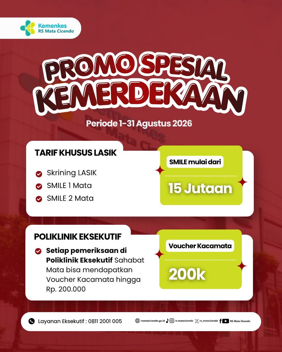 rs_matacicendo's tweet photo. Promo #merdeka #lasik #kacamata #polieksekutif #rsmatacicendo #hutri #indonesia https://t.co/wTlojYYGJd