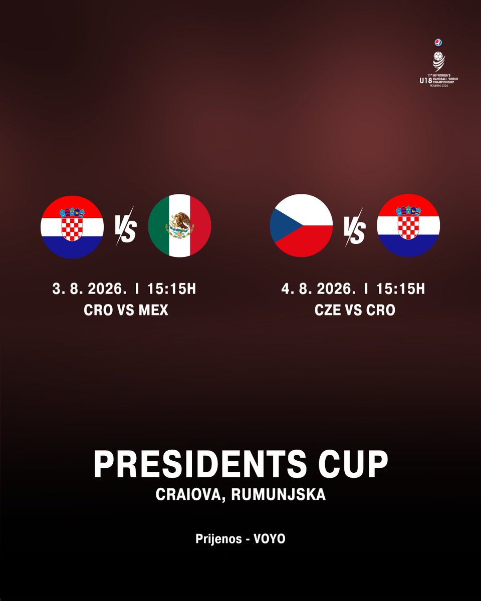 HRS_CHF's tweet photo. 🇭🇷 | 𝐌𝐥𝐚đ𝐞 𝐣𝐮𝐧𝐢𝐨𝐫𝐤𝐞 | 
Naše mlađe juniorke natjecanje nastavljaju u President Cupu, gdje će igrati za konačni plasman na IHF Svjetskom prvenstvu.
🆚 Meksiko | 3. 8. | 15:15
🆚 Češka | 4. 8. | 15:15
📺 Voyo
Sretno, cure! 💪

#crohandball https://t.co/KbmWI7Z8NU