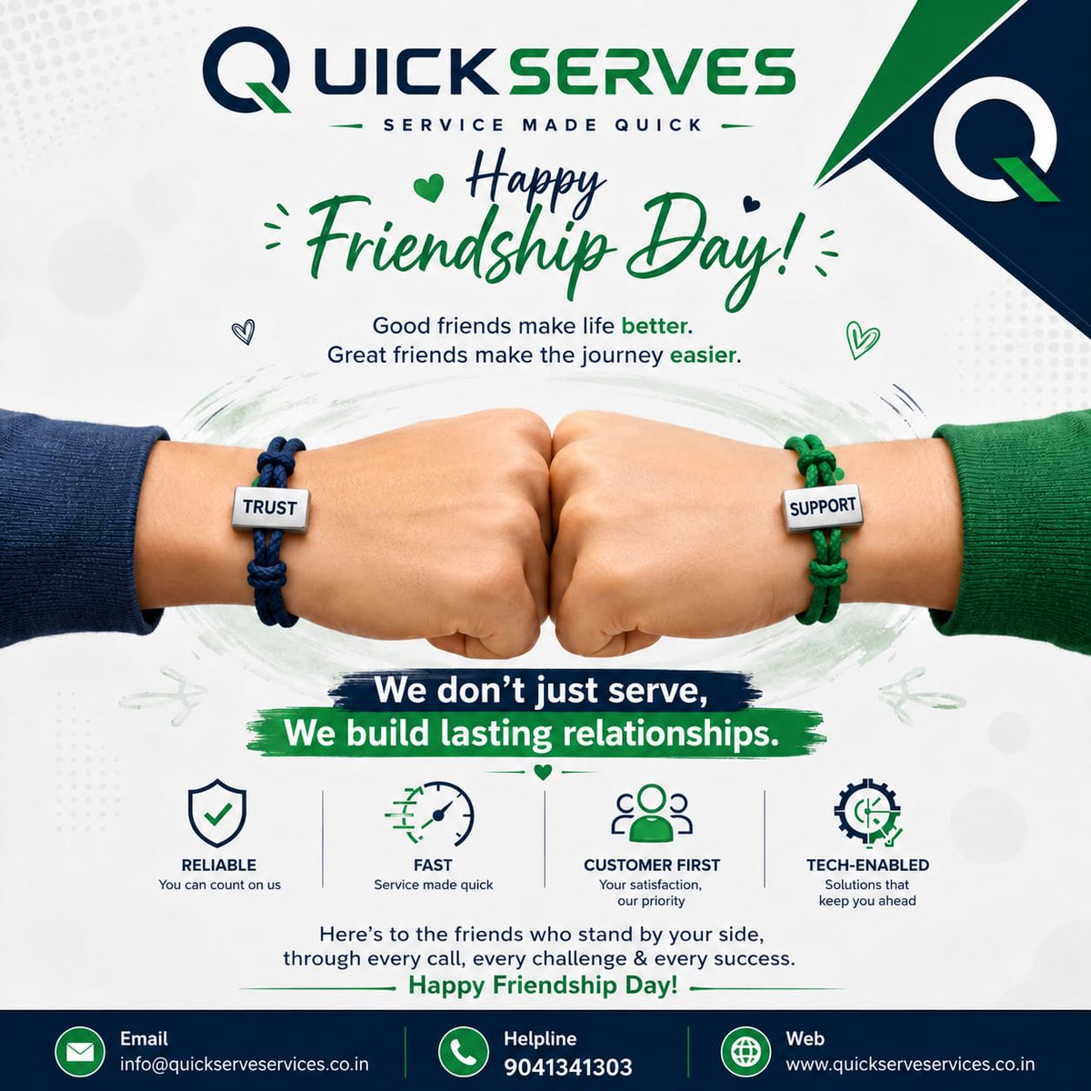 quickserveserv1's tweet photo. 🤝 Great friendships are built on Trust &amp; Support—and so are great partnerships.

At QuickServes, we don't just provide services; we build lasting relationships.

💚 Happy Friendship Day!
📞 9041341303
🌐 https://t.co/8u6tTp5Anc
#HappyFriendshipDay #QuickServes #Trust #Support https://t.co/1WlYREeeyC