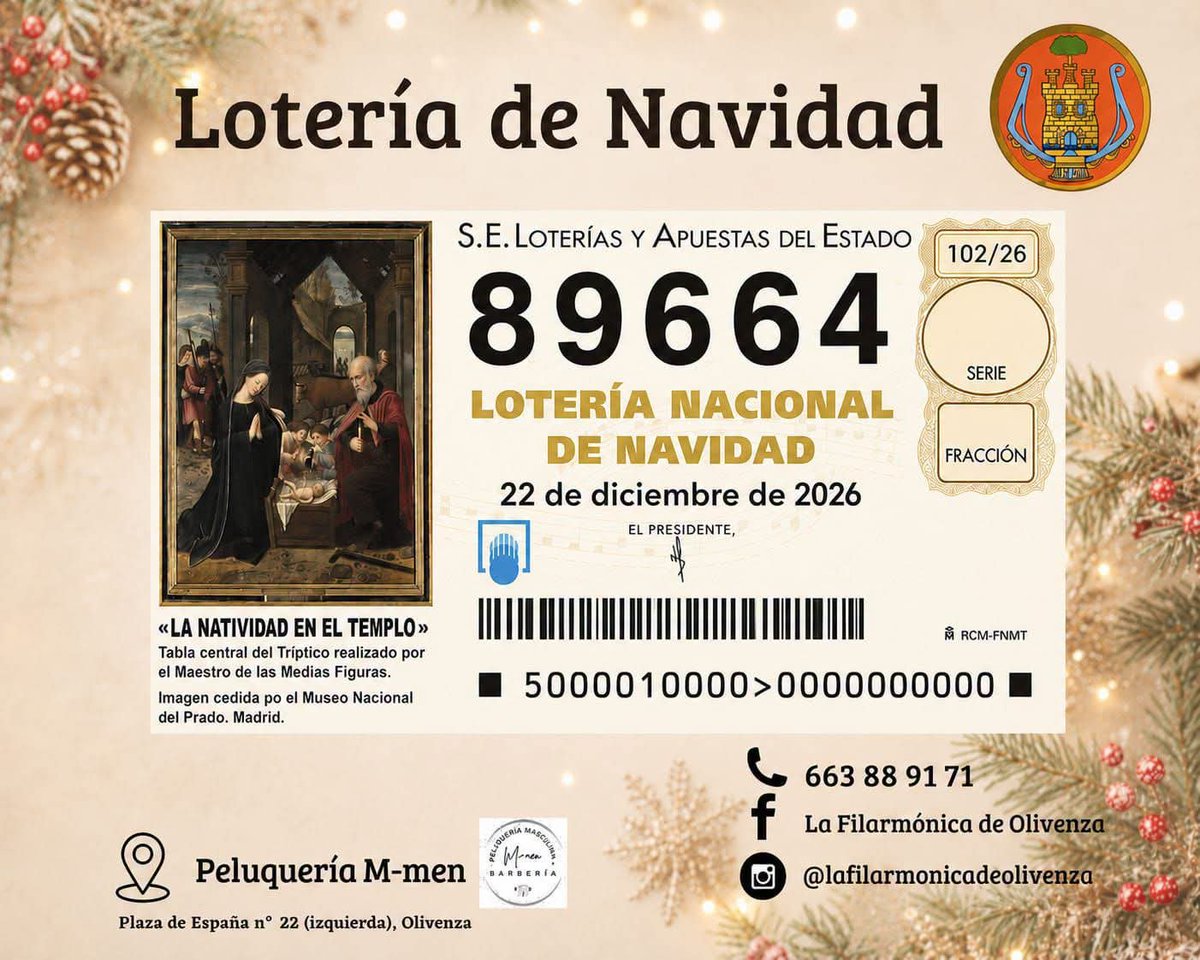 lafilarmonica's tweet photo. 🎄LOTERÍA DE NAVIDAD🎄

Ya tenemos nuestro número de este año para NAVIDAD.

📌 Disponible en Peluquería M-men (Plaza de España n° 22, Olivenza).

Esperemos que el año de nuestro 175 ANIVERSARIO nos dé suerte!!!!🎄🎶🎺

#Navidad #lotería #lafilarmonicadeolivenza https://t.co/NsppeCsKKP
