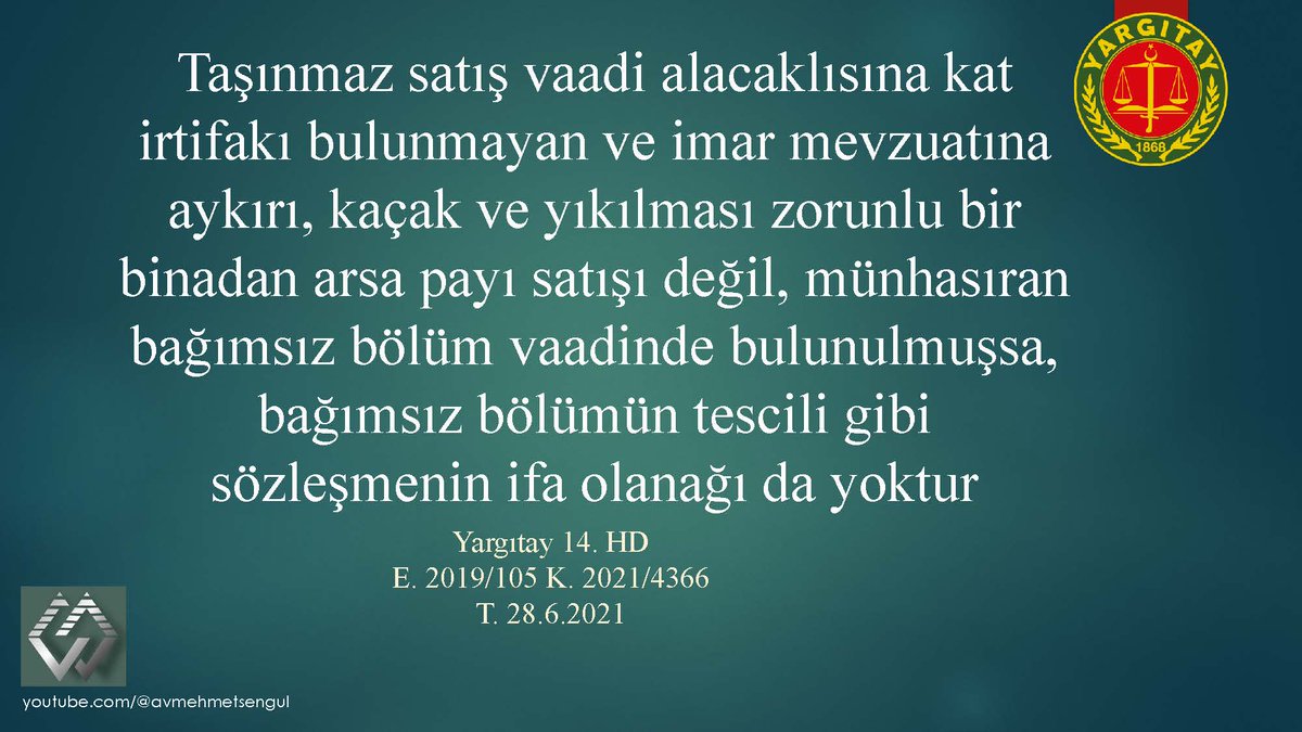 MehmetSengul_'s tweet photo. 👉 Taşınmaz satış vaadine konu kaçak binada arsa payı değil de daire satışı yapılmışsa tescil de ifa da imkansızdır
#APKİ #imarartışı #imar #kentseldönüşüm #inşaat #paylımülkiyet #taşınmaz #gayrimenkul #katkarşılığıinşaat #sözleşme #imarhukuku https://t.co/EE4gW9kXzs