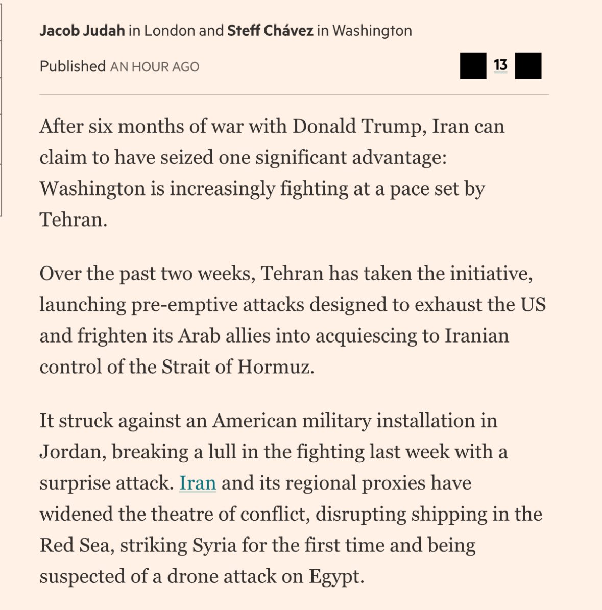 AryJeayBackup's tweet photo. The FT confirms that the US has withdrawn its presence from Kuwait &amp; Bahrain after Iranian attacks. 

The US is now fighting at a pace that’s set by Iran. https://t.co/JaGwEl6omS