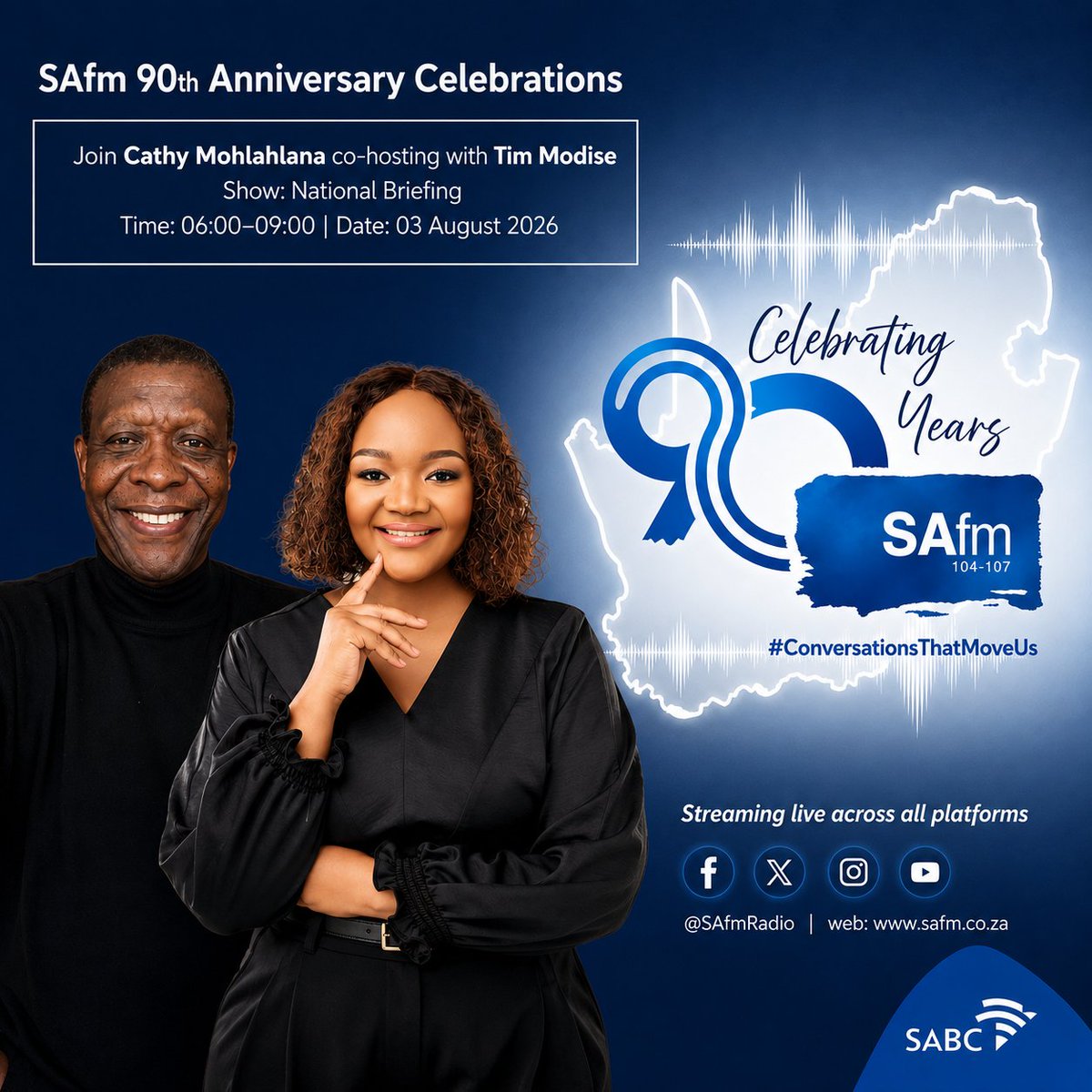 SAfmRadio's tweet photo. ποΈ SAfm turns 90! As part of our anniversary celebrations, former presenters will co-host shows throughout August. Join Cathy Mohlahlana and Tim Modise on The National Briefing from 06:00β09:00.
#SAfm90 #ConversationsThatMoveUs https://t.co/44tMZiy0Ei