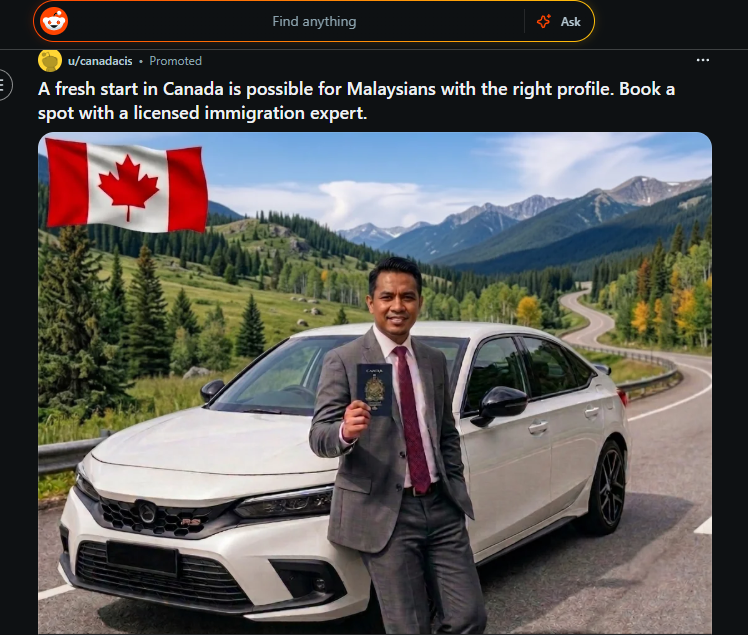 Eman_MAI's tweet photo. Habis election nismilan, tetiba lak kerap kluar iklan hijrah ke kanada dekat reddit utuk orang malaysia hahaha https://t.co/WlhN0vsF7D
