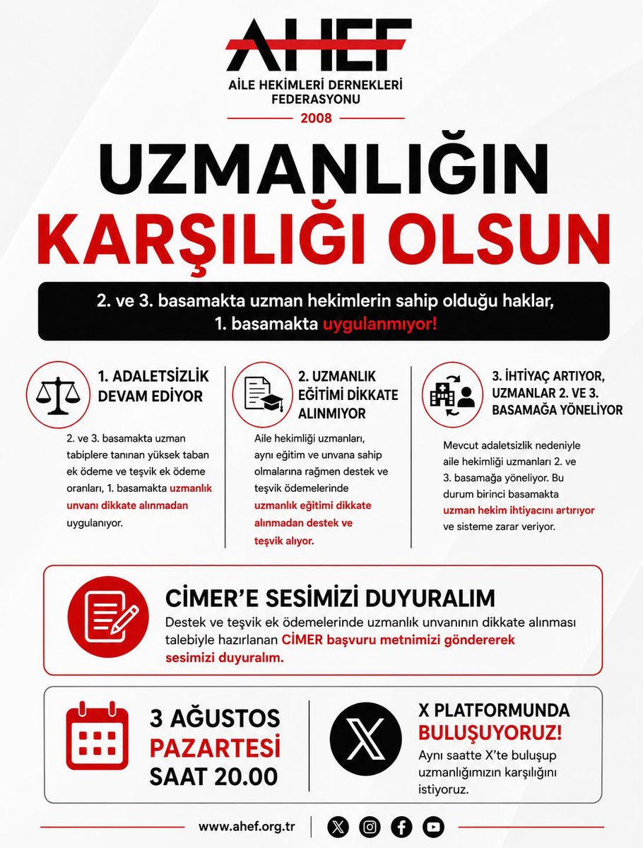 TEKsendika's tweet photo. Değerli üyelerimiz,

Birinci basamakta çalışan Aile Hekimliği uzmanlarının,  2. Ve 3. Basamakta çalışan uzman hekimlere tanınan haklara sahip olabilmesi amacıyla 3 Ağustos Pazartesi saat 20:00 de AHEF'in düzenleyeceği X eylemine desteklerinizi bekliyoruz.

@TEKsendika olarak aile hekimliği uzmanlarımızın yanındayız.
