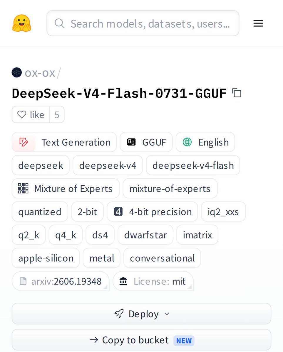 HuggingModels's tweet photo. Ever wanted a massive AI model that fits on your laptop? Meet DeepSeek V4 Flash, a Mixture of Experts text generator, now in GGUF format. It's quantized down to 2-bit and 4-bit, making it super accessible. This is a game changer for local AI enthusiasts! #AI #DeepSeek https://t.co/DQzRmmc7nN