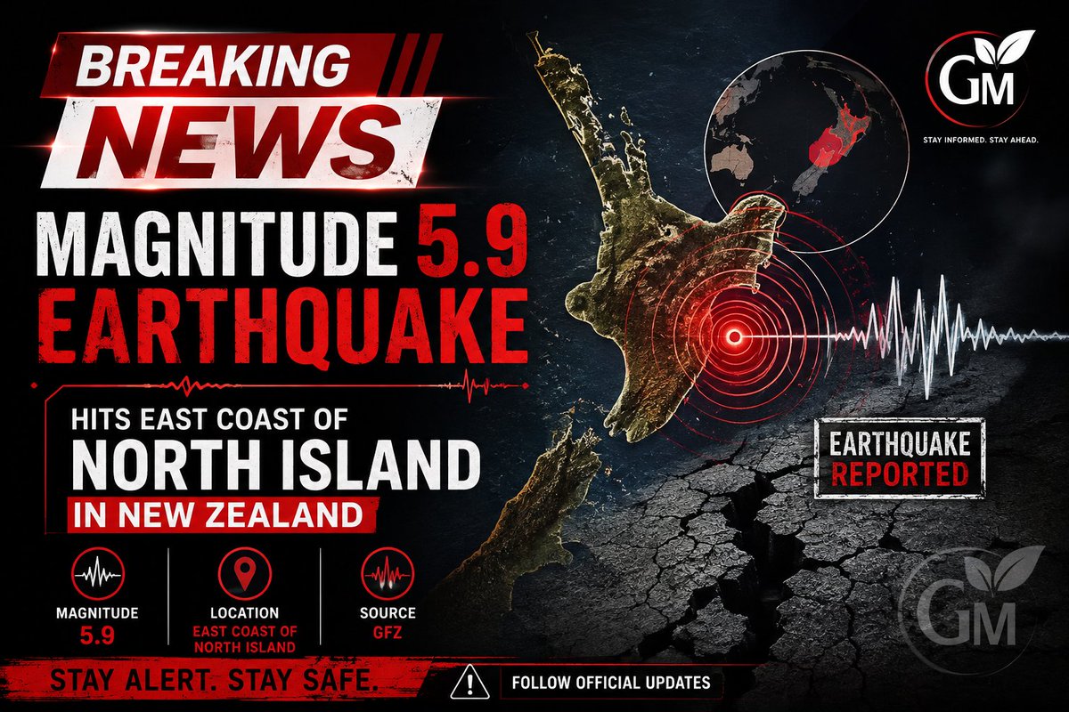 Globalminttech's tweet photo. 🚨 BREAKING NEWS
A powerful 5.9-magnitude earthquake has struck the east coast of New Zealand's North Island, according to the German Research Centre for Geosciences (GFZ).
Authorities are assessing the situation, while residents are urged to stay alert and follow official emergency advisories. No immediate reports of major damage or casualties have been confirmed.
#BreakingNews #Earthquake #NewZealand