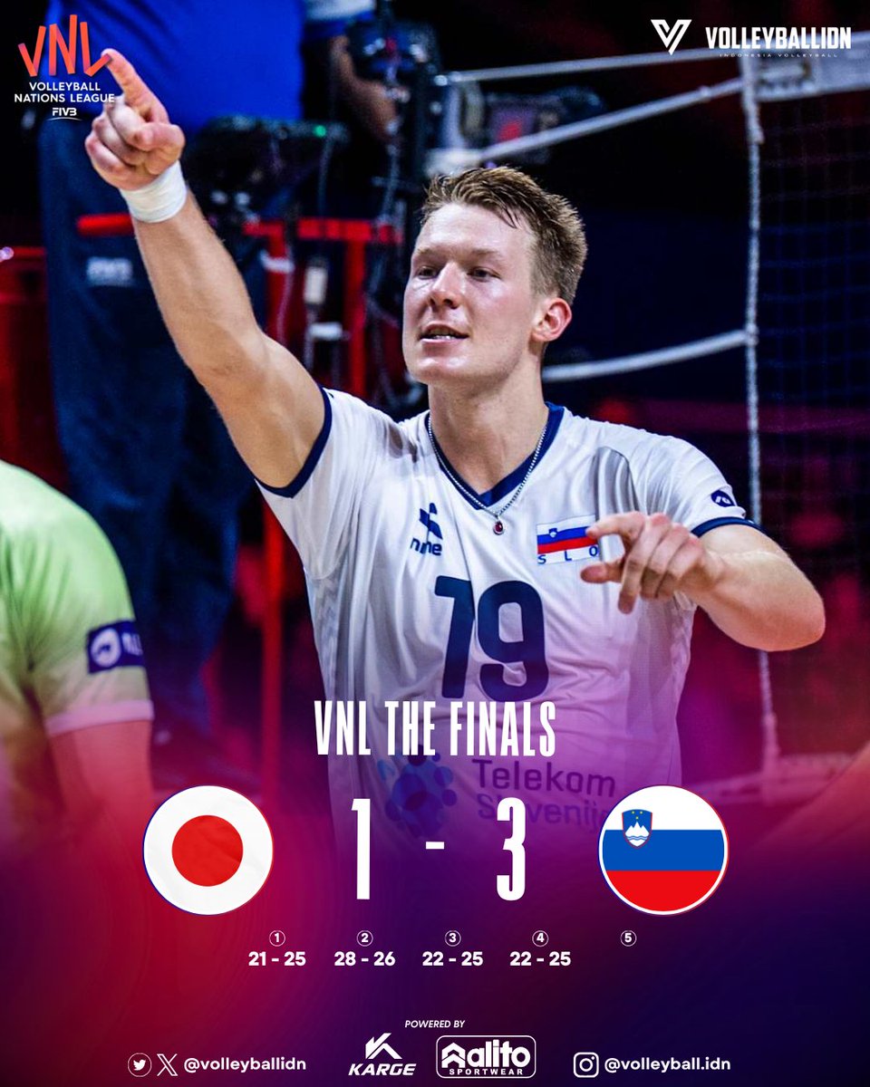 volleyballidn's tweet photo. Jepang 🇯🇵 1 - 3 🇸🇮 Slovenia

Historic Bronze for Slovenia! 🥉 
Kalahkan Jepang, Slovenia untuk pertama kalinya akan berdiri di podium dan raih medali di VNL.
Čestitke!
#VNL2026 https://t.co/gbRMxEewDK